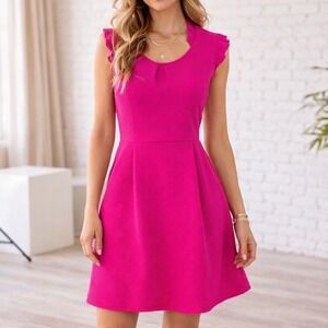 Tabitha Anthropologie Hot Pink Ruffle Neck Textured Fit & Flare Dress Size 8 Y1